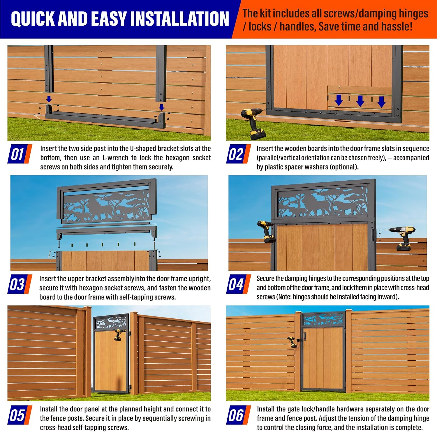 3x6FT (34.8' W X 70.8' H) 201 Stainless Steel Anti Sag Wooden Fence Gate Kit Heavy Duty Garden Gate Frame Hardware Kit Reinforcement (Left/Right Free-Installation)