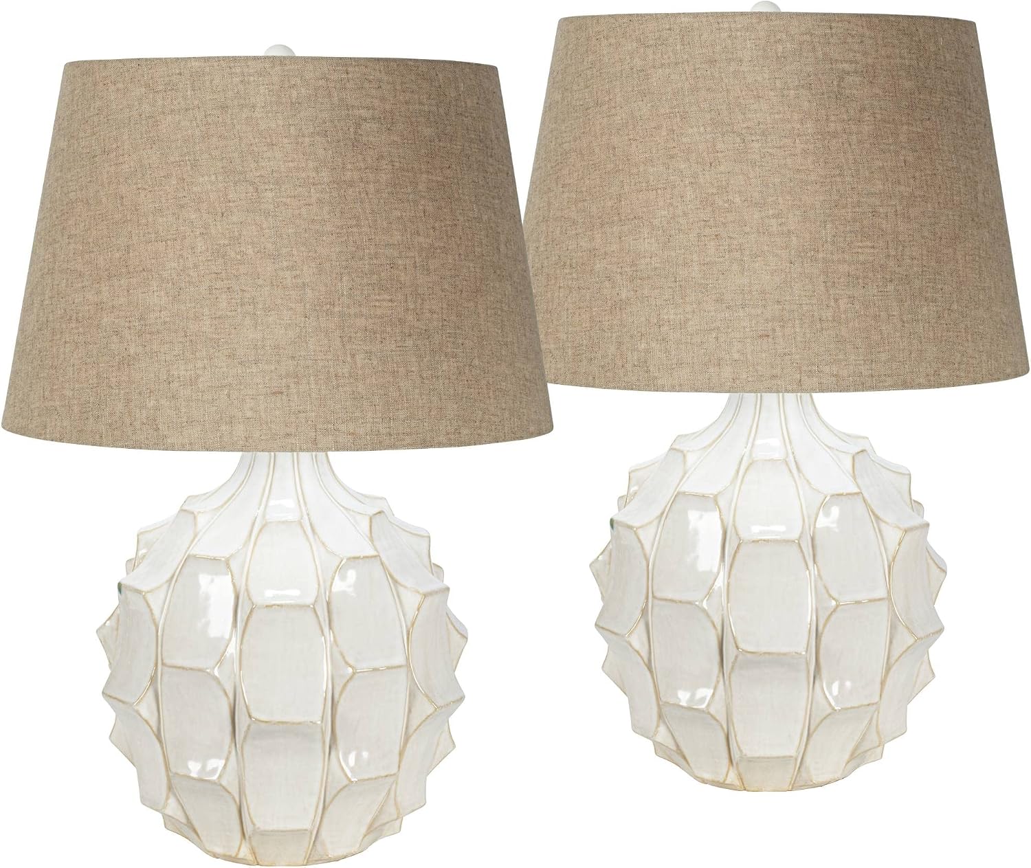 Possini Euro Design Cosgrove Country Cottage Table Lamps 26 1/2' Tall Set of 2 White Glazed Textured Ceramic Brown Linen Drum Shade for Bedroom Family Room Bedside Nightstand House Home Office