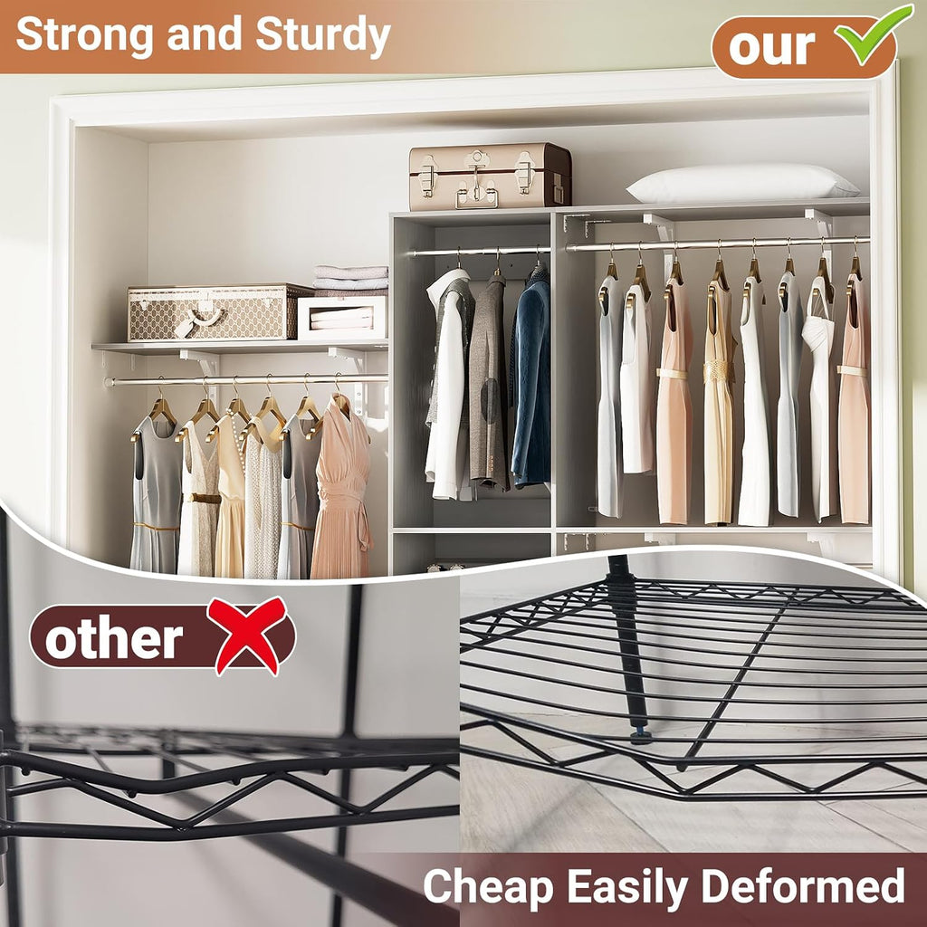 8FT Hanging Closet System, 96 Inch Closet Organizer System with Hanging Rod, Walk In Mounted Closet System, Built-In Clothes Garment Rack with 3 Shelving Towers(Can Be Cut To Fit), Grey
