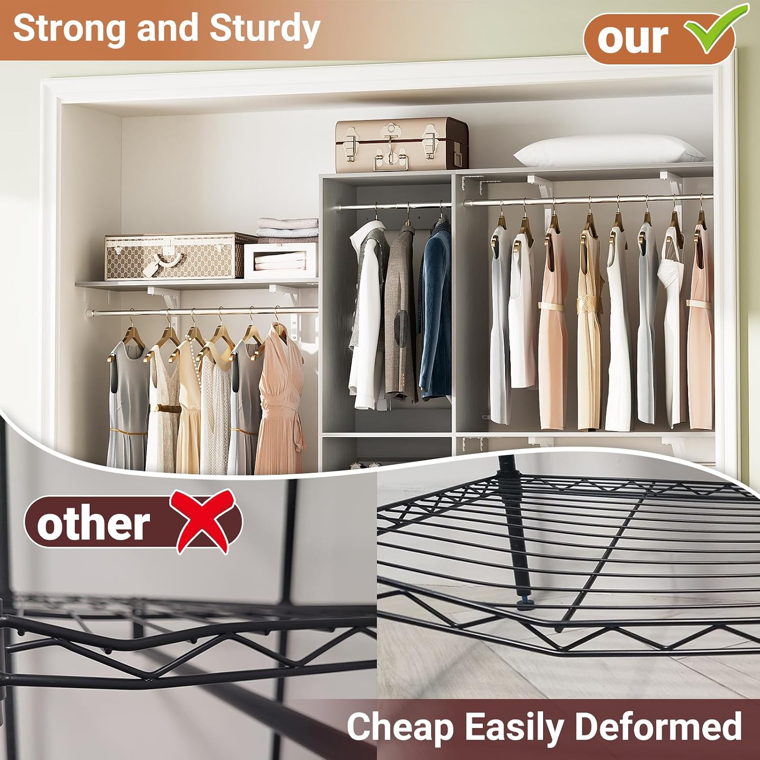 8FT Hanging Closet System, 96 Inch Closet Organizer System with Hanging Rod, Walk In Mounted Closet System, Built-In Clothes Garment Rack with 3 Shelving Towers(Can Be Cut To Fit), Grey