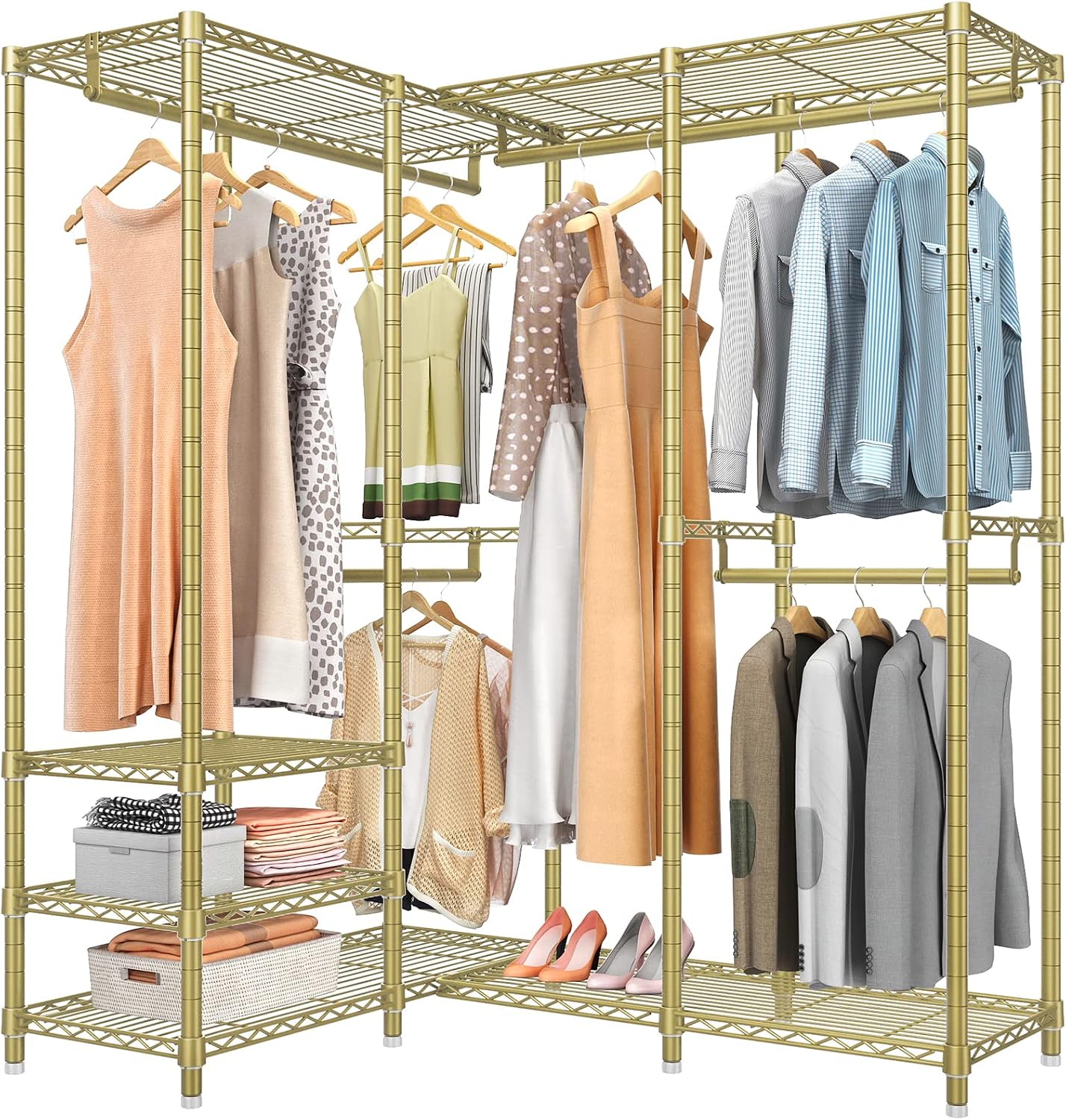 VIPEK L40 Corner Clothes Rack, Heavy Duty L-Shaped Freestanding Closet, Metal Clothing Rack, Corner Wardrobe for Hanging Clothes, 53.75' L x 38' W x 76.4' H, Load Capacity 1110 LBS, Gold