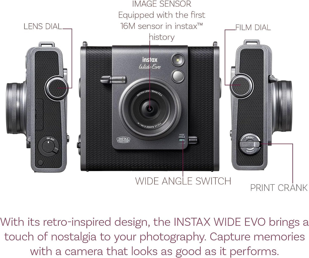 Fujifilm Instax Wide Evo Hybrid Instant Film Camera (16840957) Bundle with Vintage Style Compatible Carrying Case + 32GB Memory Card + Cleaning Cloth + More
