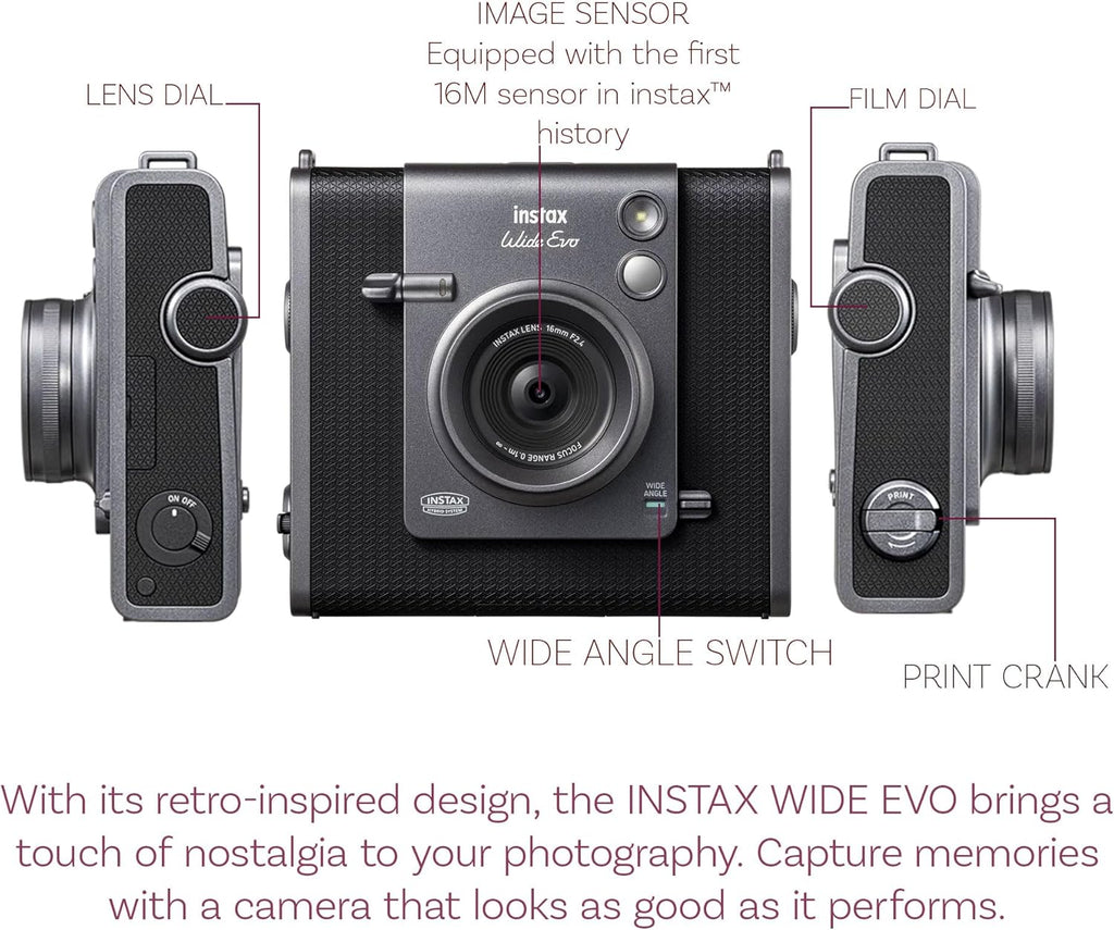 Fujifilm Instax Wide Evo Hybrid Instant Film Camera (16840957) Bundle with Fuji Instax-Wide Instant Film (40 Sheets) + Compatible Carrying Case + 32GB Memory Card + More
