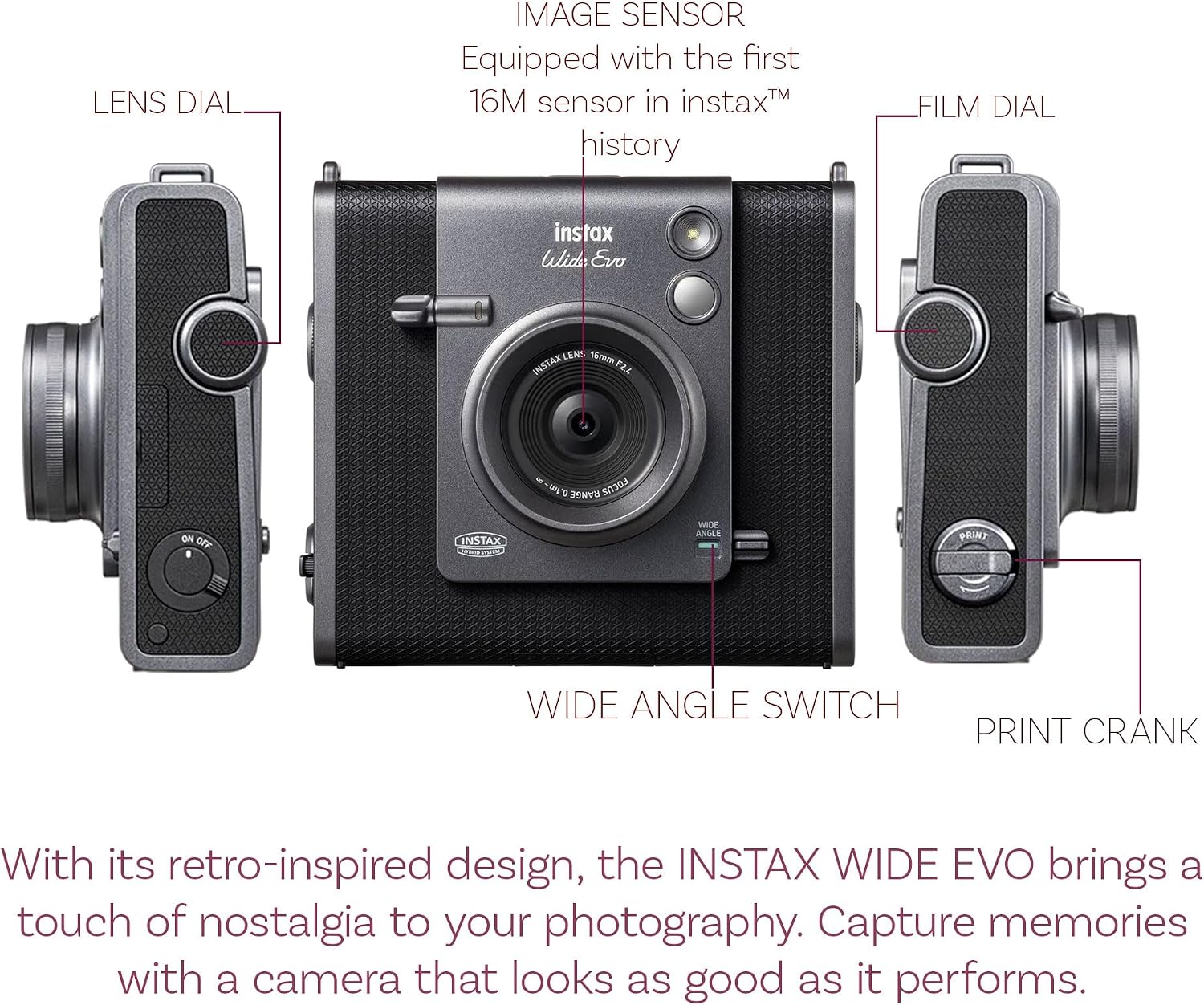 FUJIFILM INSTAX Wide EVO Hybrid Instant Film Camera Bundle with Bag + 32GB Memory Card + USB Card Reader, SD/microSD + SD Adapter + Charging Adapter + Cleaning Kit