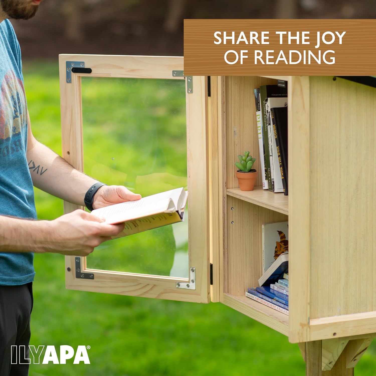 Ilyapa Outdoor Library Book Box - Free Literature Exchange Kit for Outside - Little Wood Cabinet for Sharing Books and Arts - 16x14x22 Inch