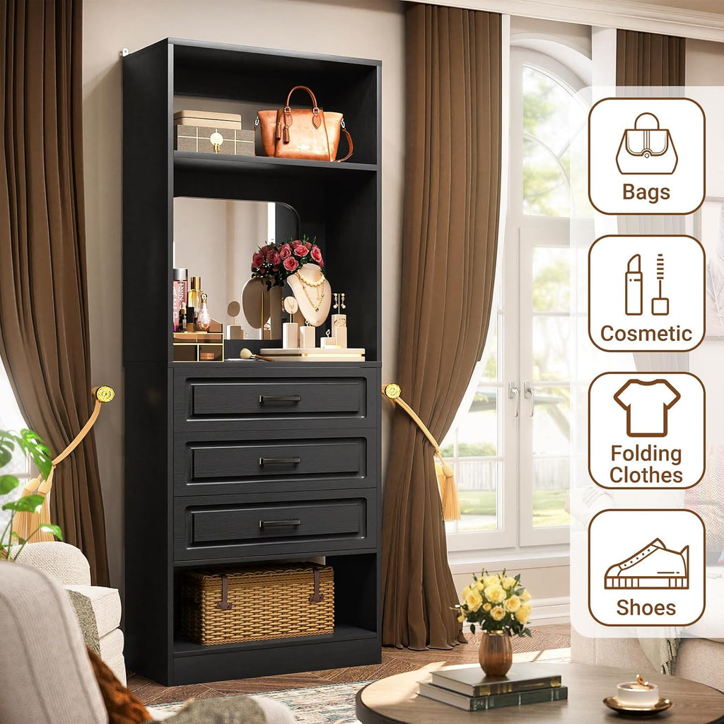 Unikito 25'Freestanding Closet System with 3 Drawers, Organizer Wardrobe with Storage Shelves and Mirror, Sturdy Wood Walk-in Organizer Systems for Small Closets, 25' W x 16' D x 80' H, Black