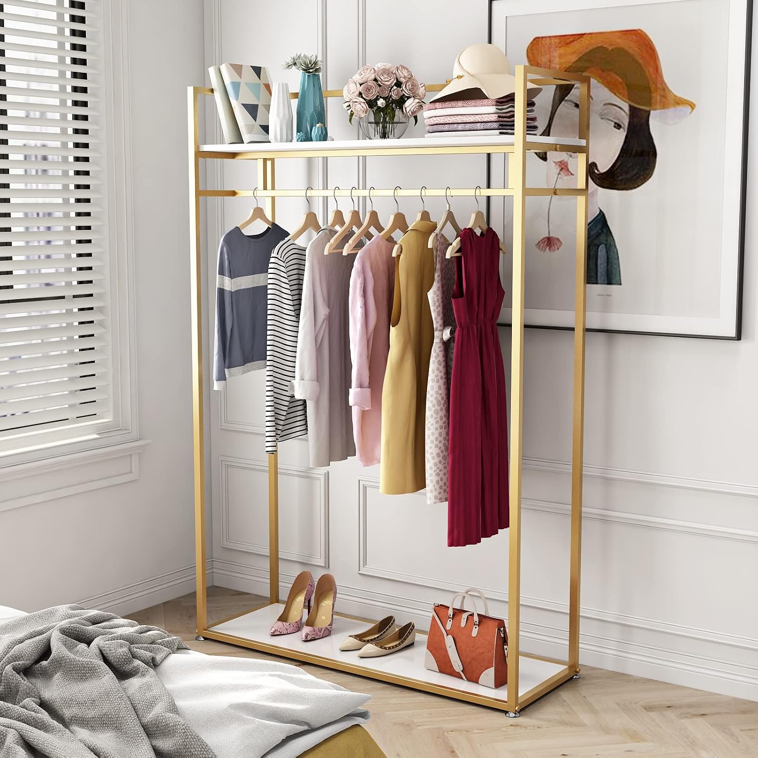Heavy Duty Clothing Rack with Shelves for Hanging Clothing, Gold Metal Freestanding Garment Rack for Retail Display (47.24' L)