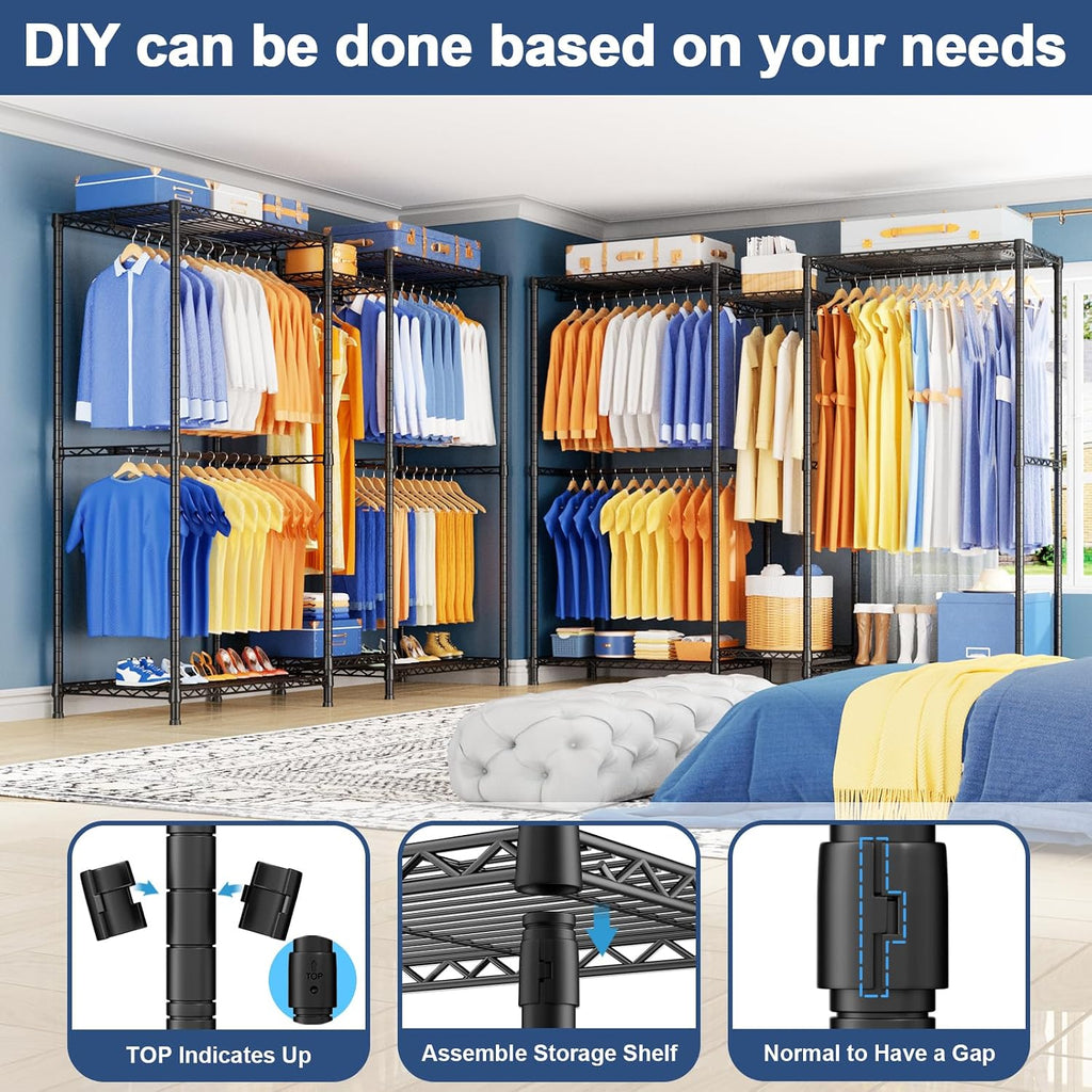 Ulif E10 and E12 Clothes Rack（With Stretchable Hanger Rod）, Heavy Duty Freestanding Garment Rack with Shelves，Metal Clothing Closet Storage System for Hanging Clothes