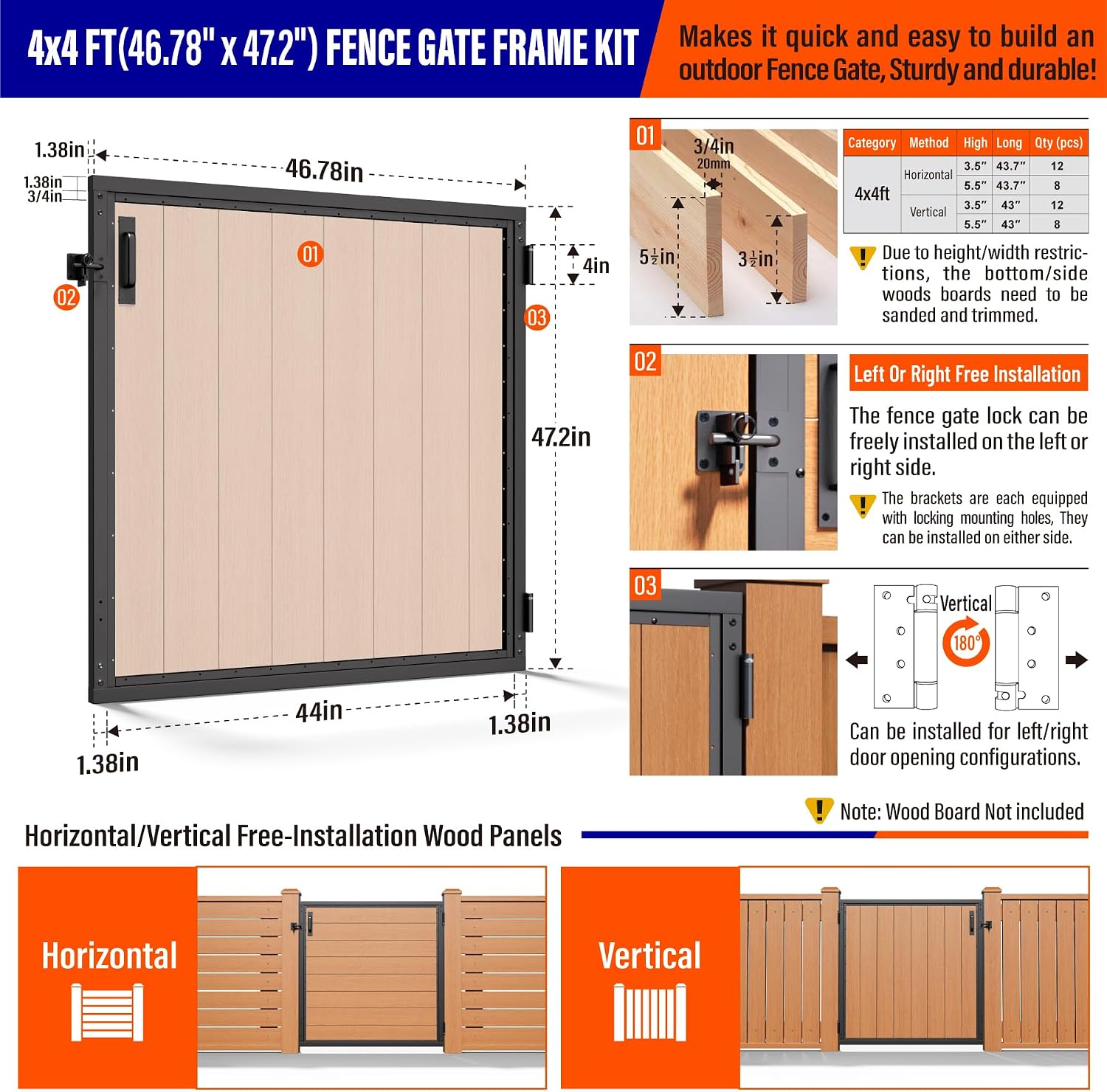 4x4FT (46.78' W X 47.2' H) 201 Stainless Steel Anti Sag Wooden Fence Gate Kit Heavy Duty Garden Gate Frame Hardware Kit Reinforcement (Left/Right Free-Installation)