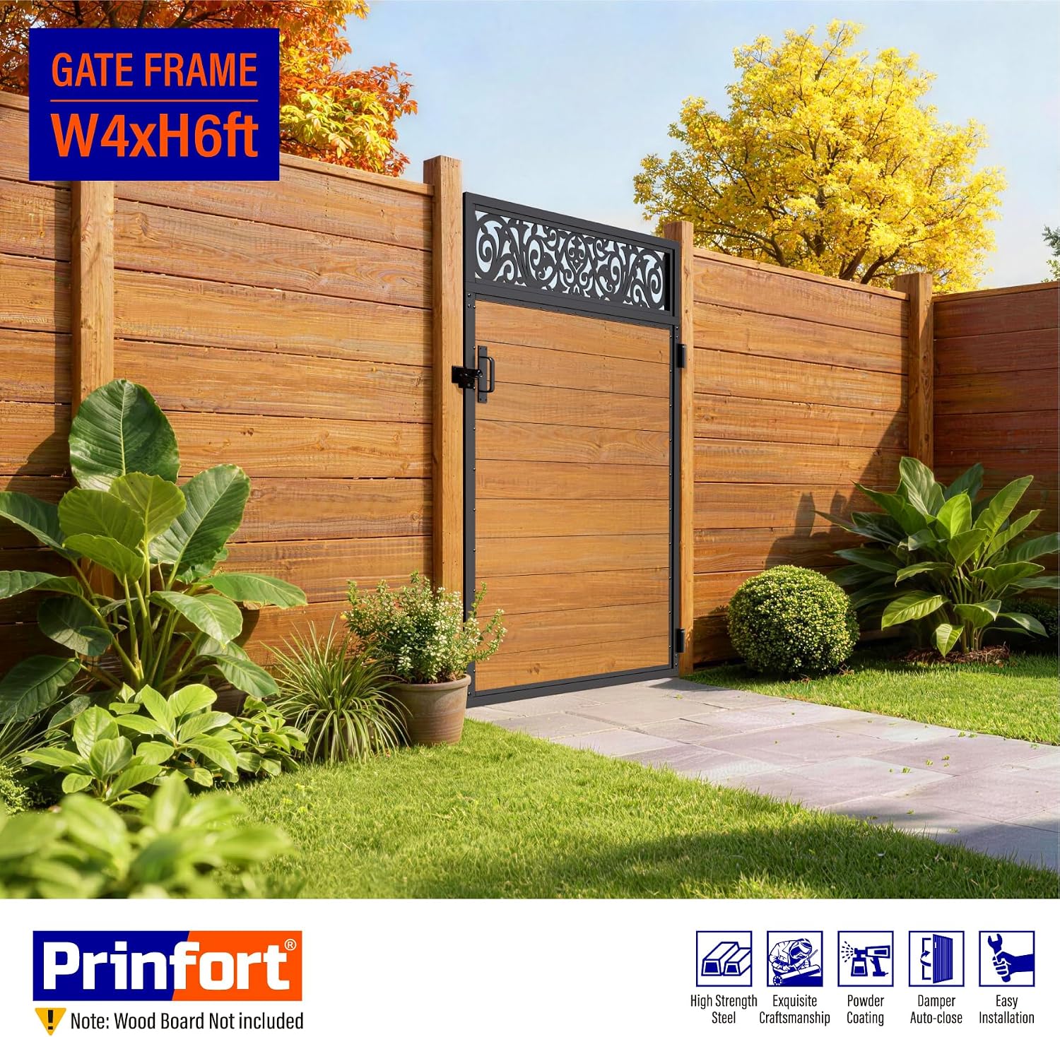4x6FT (46.78'W X 70.8'H) 201 Stainless Steel Anti Sag Wooden Fence Gate Kit Heavy Duty Garden Gate Frame Hardware Kit Reinforcement (Left/Right Free-Installation)