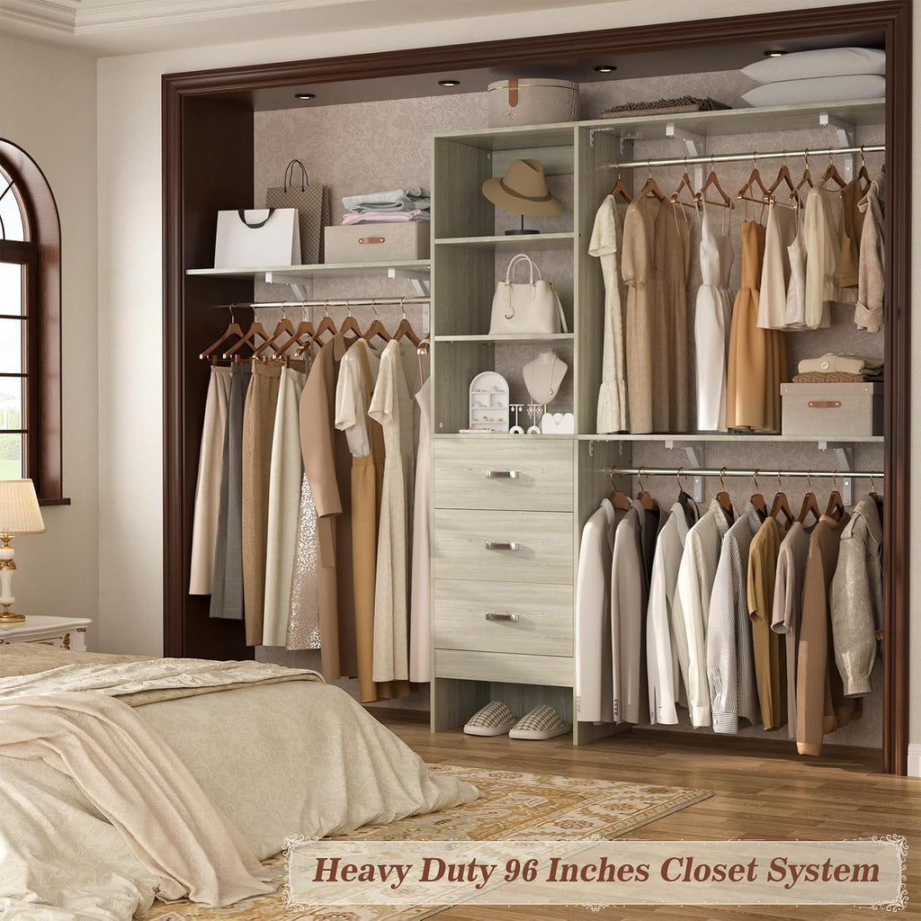 iSunirm 8FT Closet System, 96'' Closet Organizer System with 3 Hanging Rods, Wall Mount Bedroom Wardrobe with 3 Drawers Walk-in Closet, Adjustable Garment Rack from 5 to 8FT(Cut to Fit), White Oak