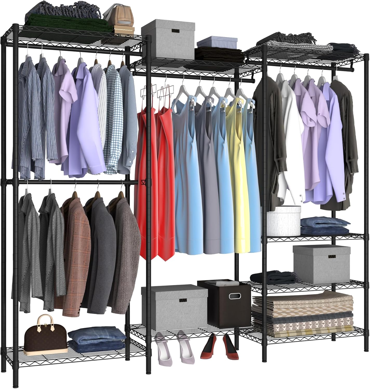 Heavy Duty Clothes Rack,Freestanding Clothing Shelf,Metal Garment Rack,Adjustable Custom Closet Shelf, 75' L x 13.8' W x 75.2' H, Max Load 800LBS, Large(Black)