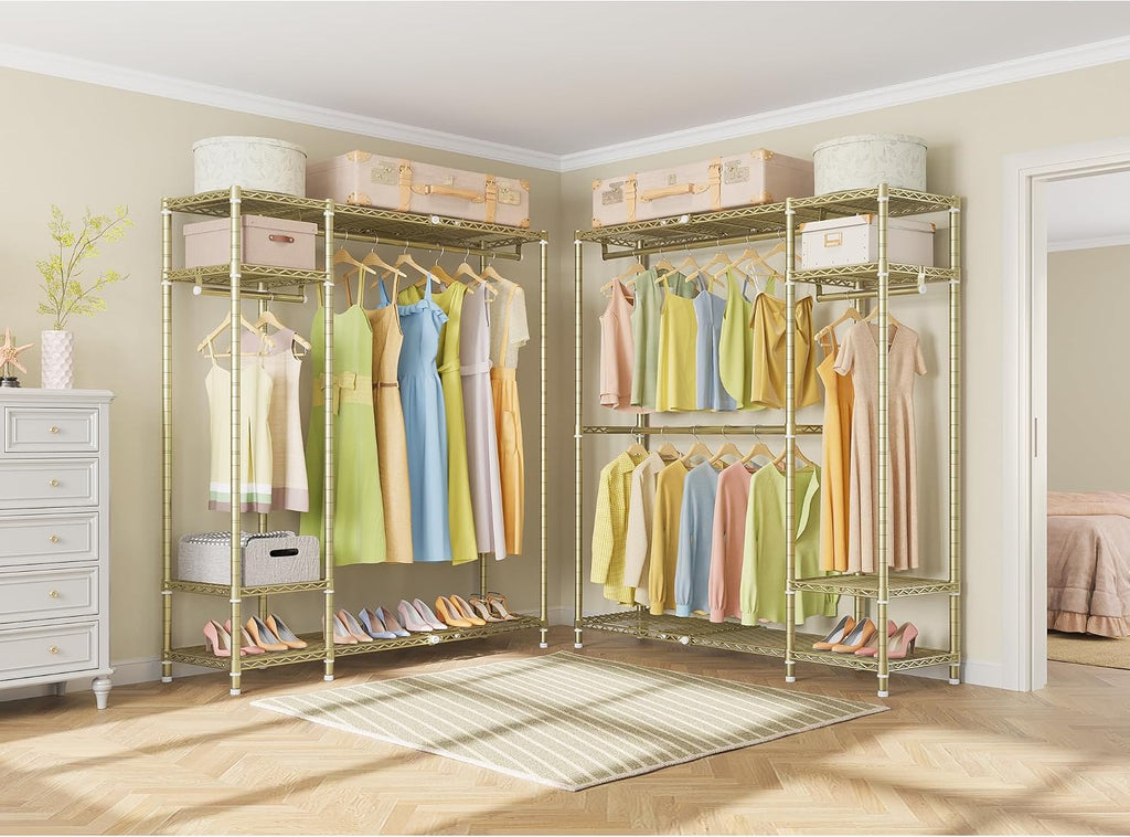 VIPEK X20 Expandable Metal Clothing Rack Adjustable from 3'3' to 4'8' Heavy Duty Garment Racks With Shelves and Hanger Rods Portable Wardrobe Open Closet System, Gold
