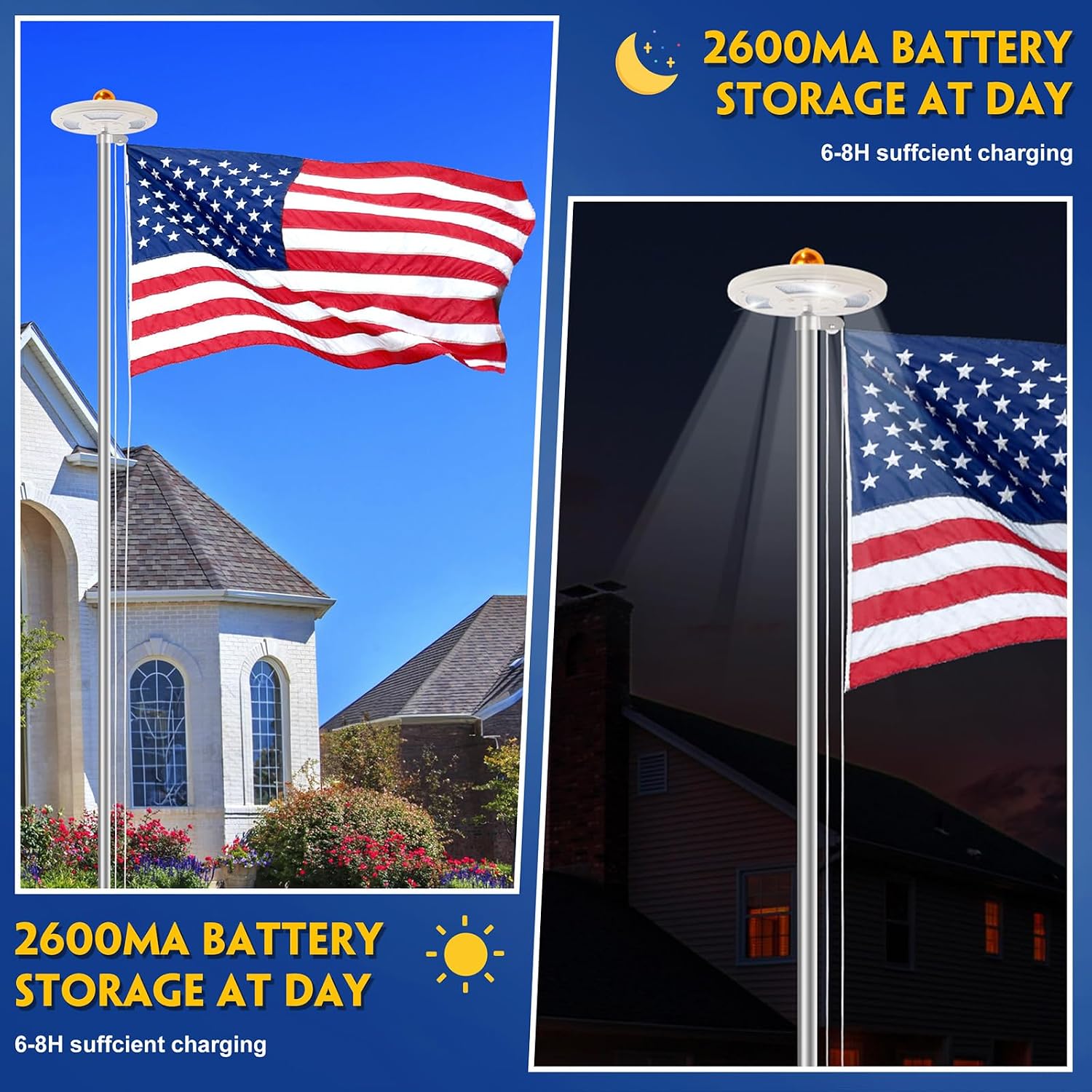 25FT Sliver Heavy Duty Flag Pole Kit with Solar Light & 3x5Ft American Flag | Wind resistant 12 gauge aluminum flies no tangle 3x5 US flag, with 128 LED solar light for 10H continuous shining