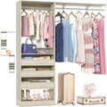 Homieasy Closet Organizer System Tower with Storage Wing Shelf, 60 Inch Adjustable Walk in Wardrobe System with 3 Drawers, 2 Hanging Clothes Rods, Reversible Heavy Duty Garment Rack, White Oak
