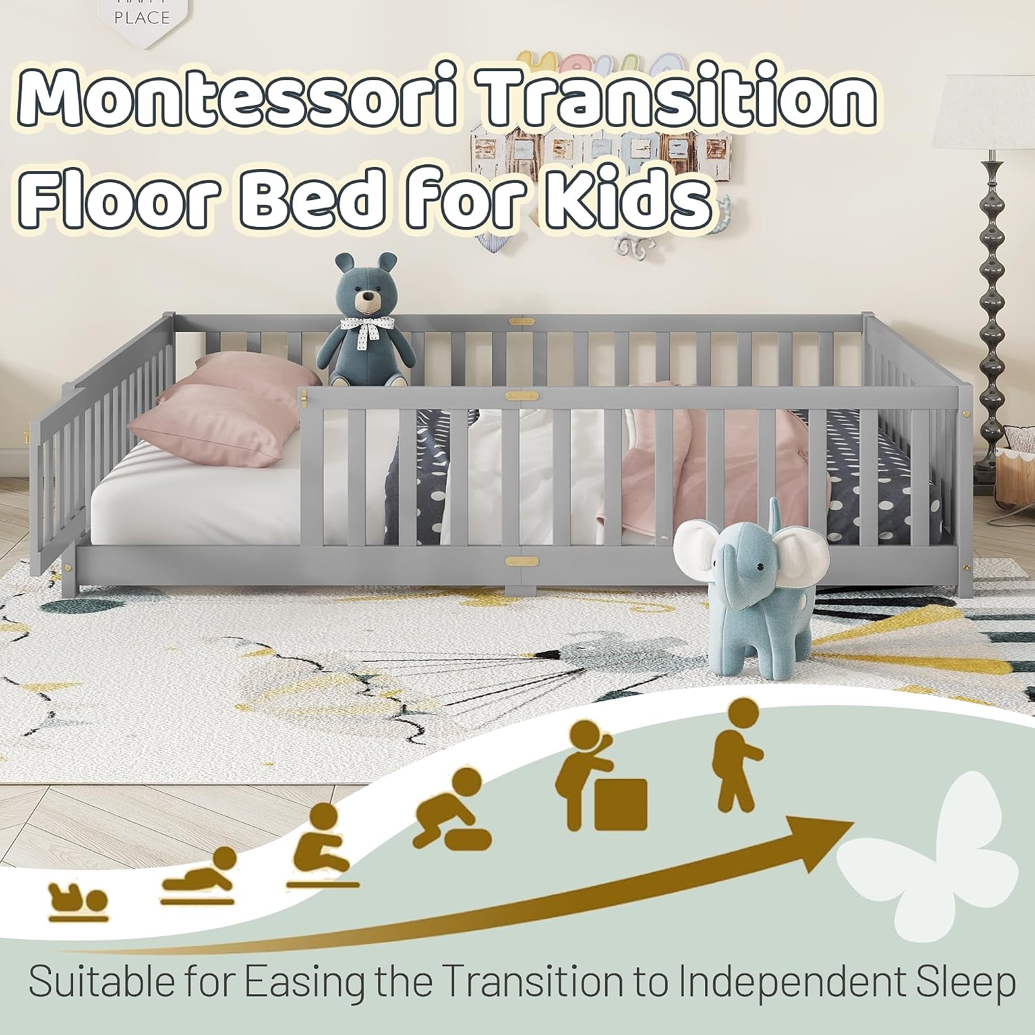 Full Floor Bed with Safety Guardrails for Kids, Rubber Wood Montessori Bed with Slats and Convertible Door,Full Size Bed Frame for Girls and Boys,No Box Spring Needed,Grey