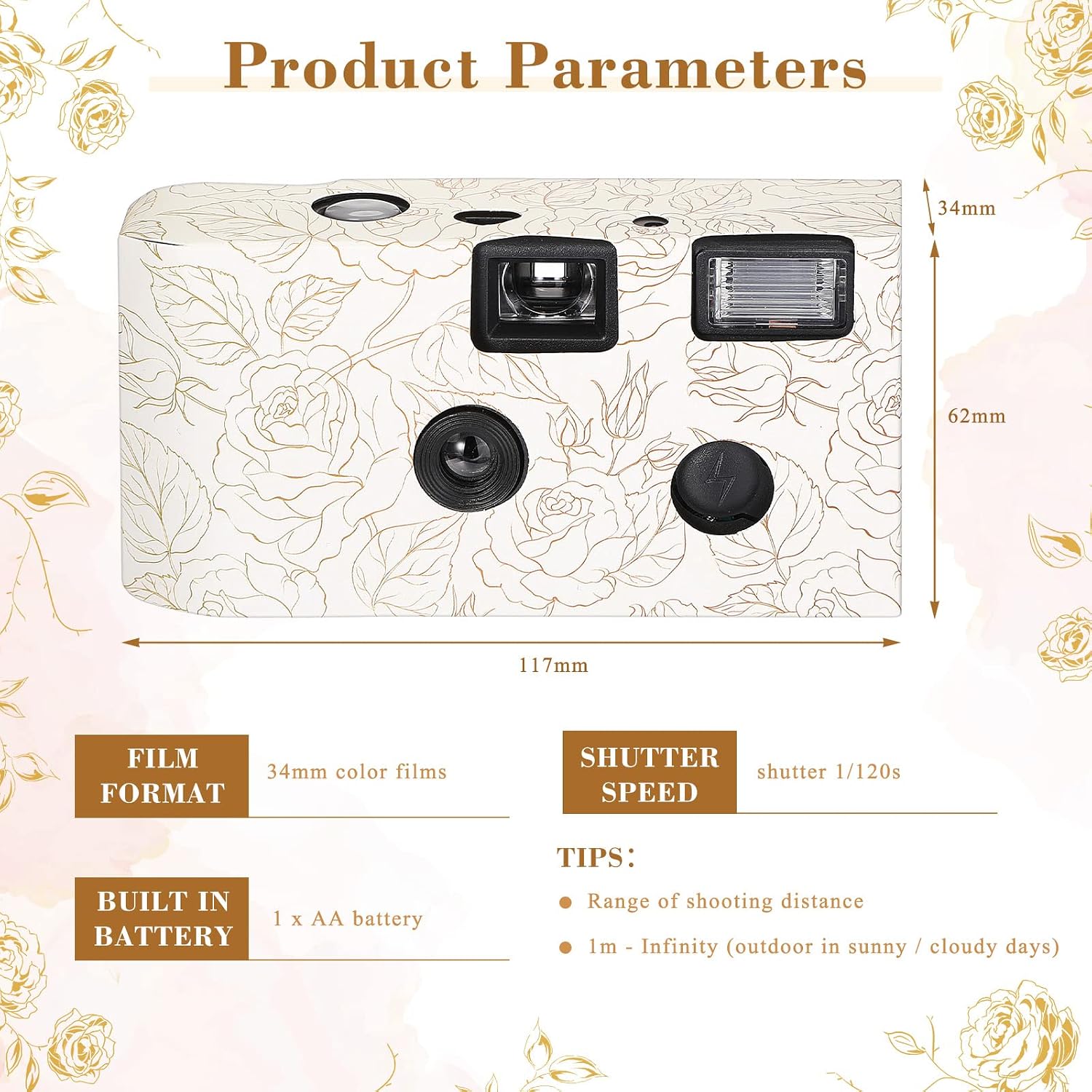 Zhengmy 10 Pack Disposable Camera Bulk for Wedding, 35mm Single Use Camera Bulk with Flash One Time for Gathering Wedding Travel(Gold Rose,Retro Color Film)