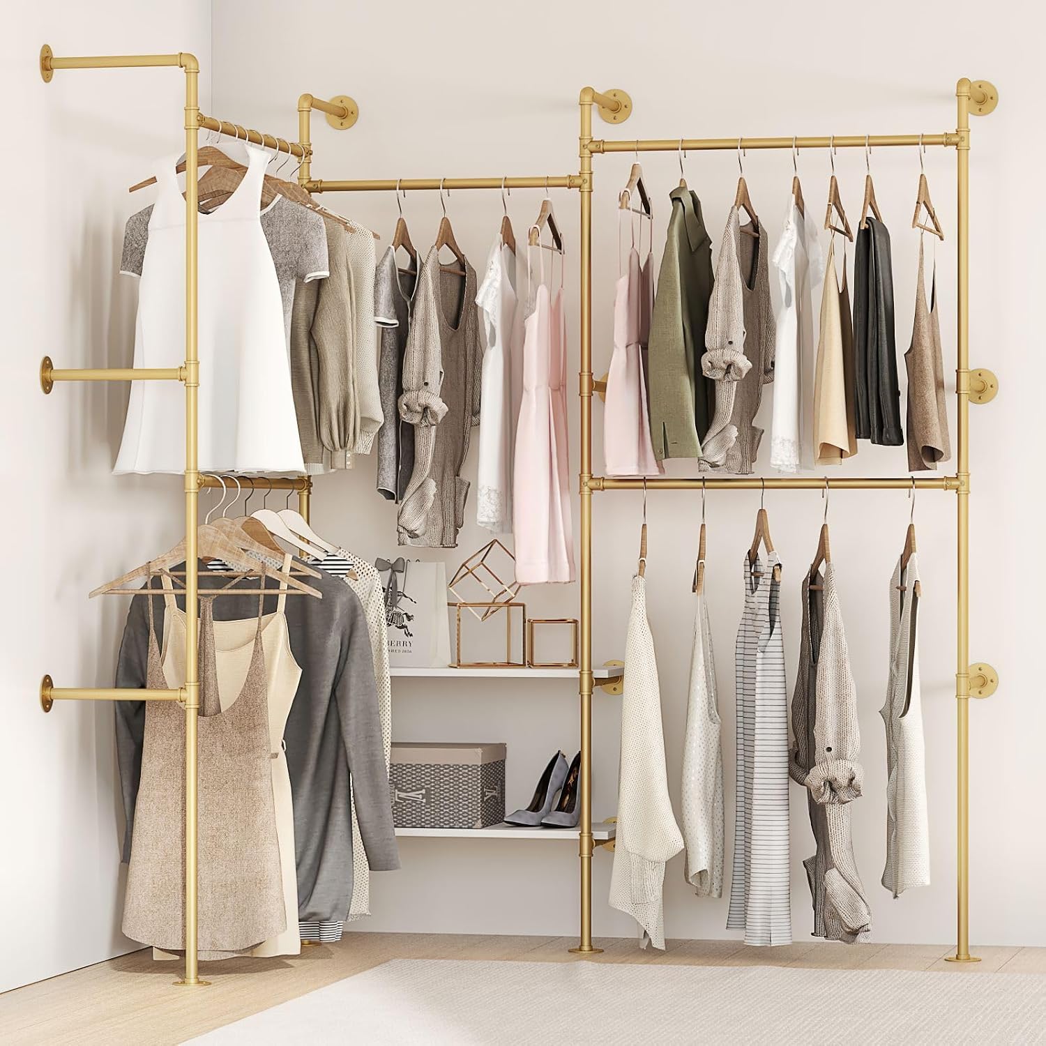 Industrial Pipe Clothes Rack,Wall Mounted Closet Wardrobe Rack, Corner L Shaped Walk-in Closet System, 2 Installation Methods (Gold, 80' H x 86' W)
