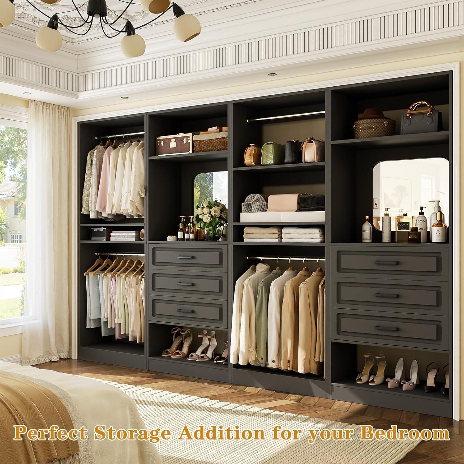 Unikito Closet System with Drawers, 100' Wood Closet Organizer with Hanging Rods and Mirror, Large Walk in Wardrobe Garment Rack with Adjustable Shelves, Sturdy Freestanding Closet Tower, Black