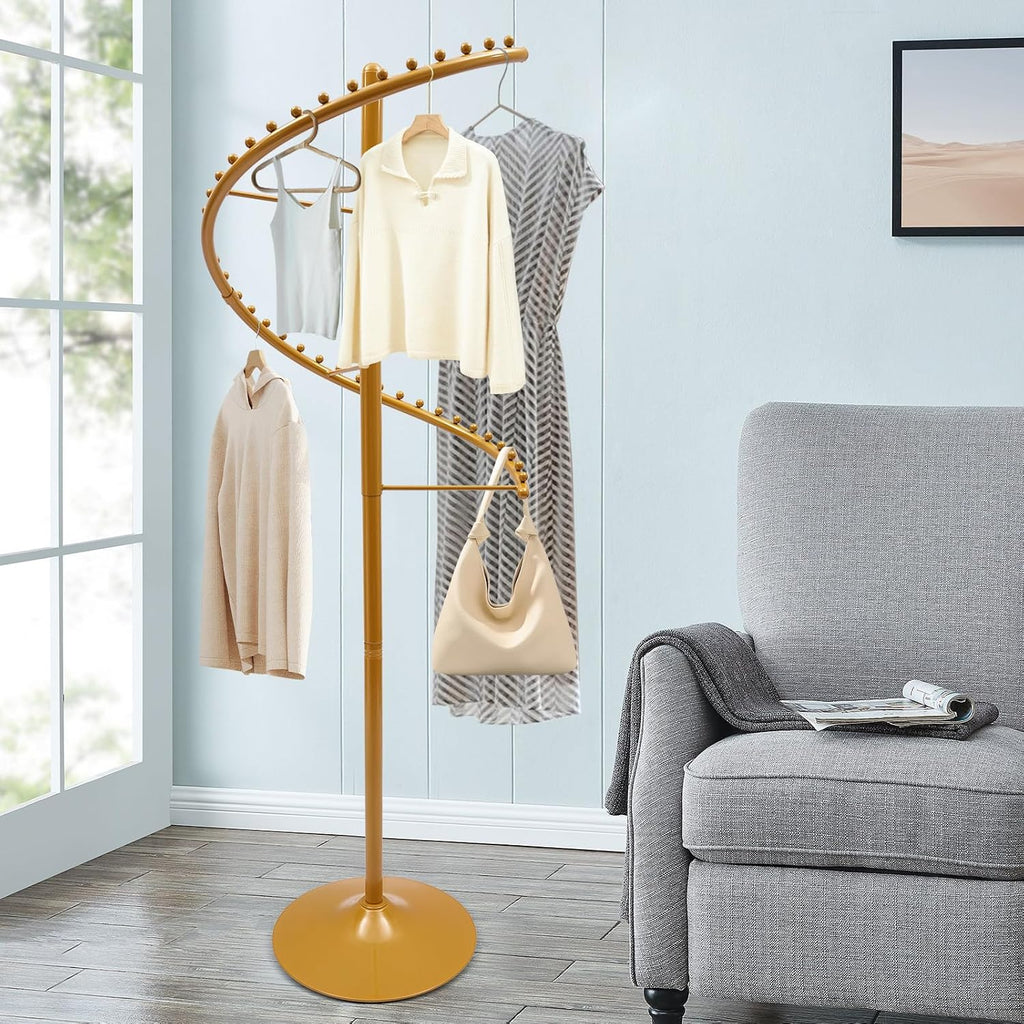 Rotating Clothing Rack 360° Spiral Clothing Rack Floor Standing Spiral Rotating Garment Racks Retail Clothes Display Stand for Bedrooms, Laundry Rooms, Retail Stores (5.91ft, Gold)