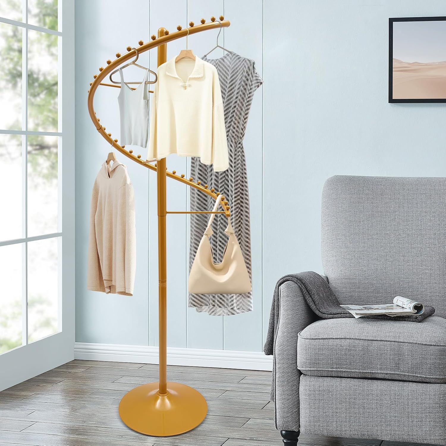 Gold Clothing Rack, 38-Ball 360° Rotating Heavy Duty Iron Freestanding Garment Rack with Dividing Bars