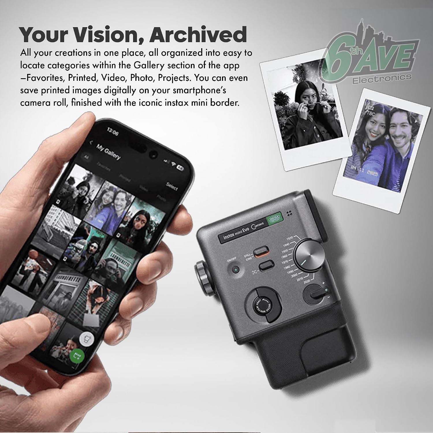 FUJIFILM instax mini Evo Cinema Hybrid Instant Camera Bundle, 3-in-1 Camera Printer with Bluetooth + Gen Dial for 10 Decade-Inspired Effects + Instax-Mini Twin Pack Instant-Film 60 Sheets + More
