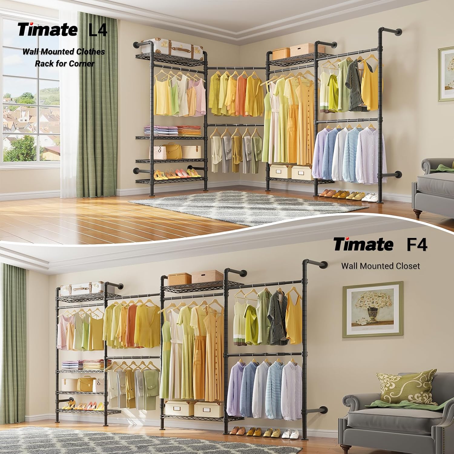 Timate L4 L Shape Garment Rack Heavy Duty Clothes Racks for Hanging Clothes, Expandable Industrial Pipe Clothing Rack Wall Mounted Closet Racks Wardrobe Closet Kit Corner Closet System, Black