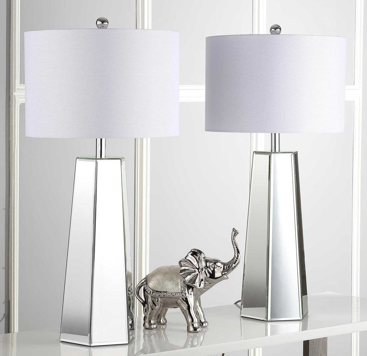 SAFAVIEH Lighting Collection Janice Modern Art Deco Mirror Chrome 32-inch Bedroom Living Room Home Office Desk Nightstand Table Lamp Set of 2 (LED Bulbs Included)
