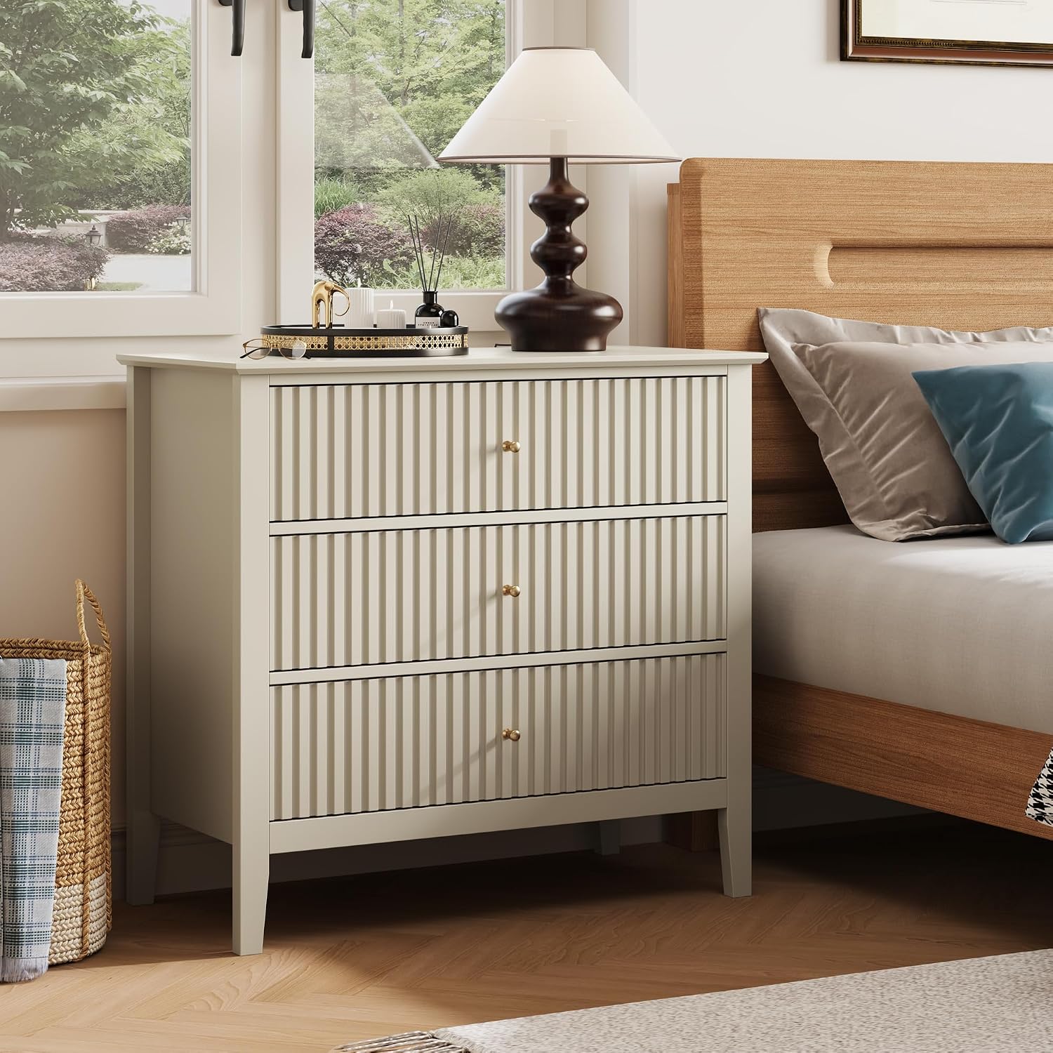 RoyalCraft 32' Large Nightstand Set of 2, Fluted Painted Bedside Table with 3 Spacious Drawers, Modern Tall End Table for Bedroom, Beige