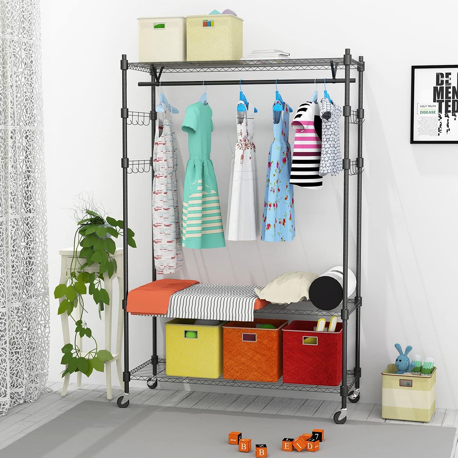 Heavy Duty Clothes Rack, Adjustable Rolling Garment Rack with Shelves, Freestanding Wardrobe Rack 1 Clothes Hanging Bar, 3 tired Wire Shelving, 4 Hanger Hooks - Hold Up to 400Lbs (Black, 1Rod 4Hook)