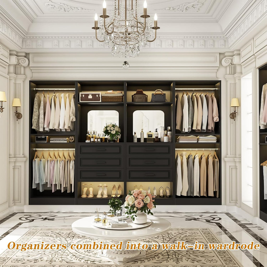 Unikito Closet System with Drawers, 100' Wood Closet Organizer with Hanging Rods and Mirror, Large Walk in Wardrobe Garment Rack with Adjustable Shelves, Sturdy Freestanding Closet Tower, Black