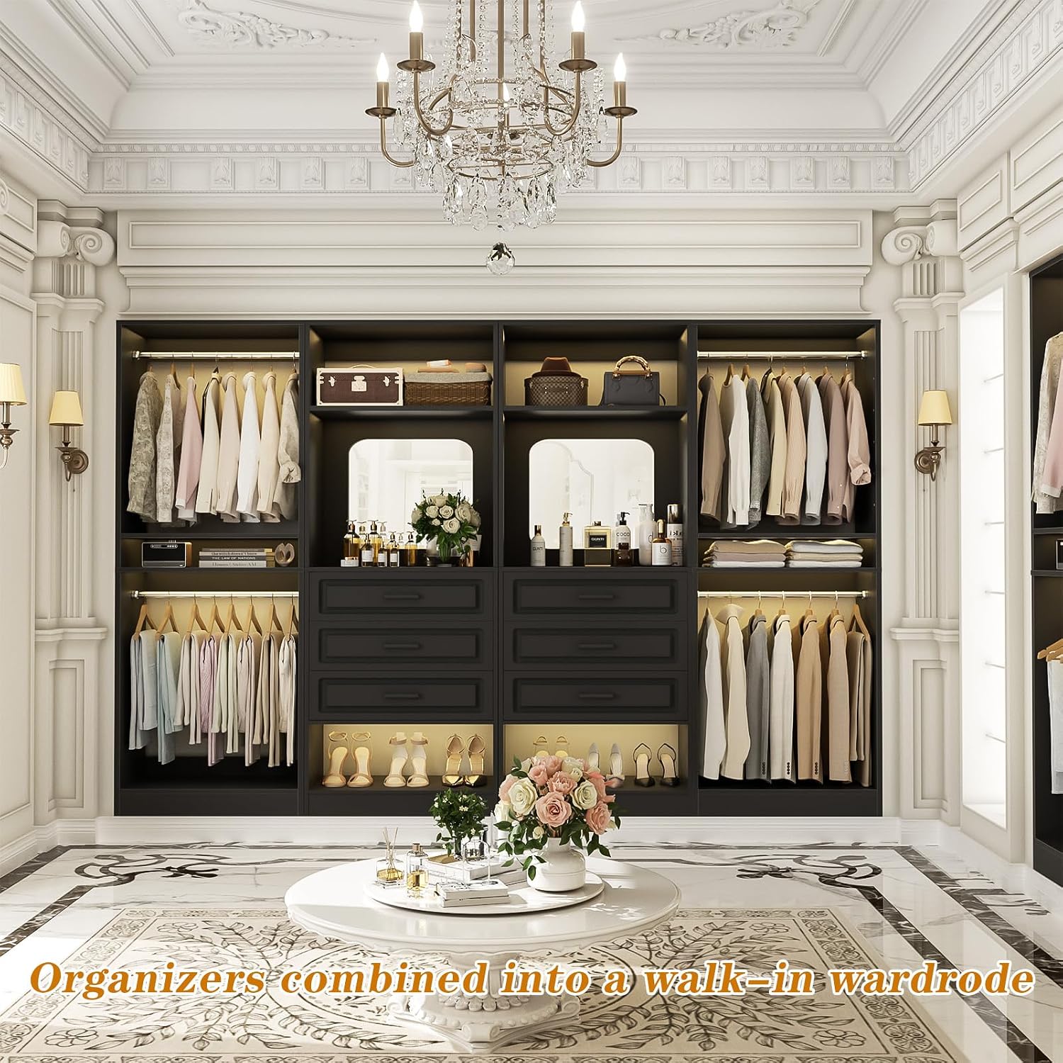 Unikito Closet System with Drawers, 100' Wood Closet Organizer with Hanging Rods and Mirror, Large Walk in Wardrobe Garment Rack with Adjustable Shelves, Sturdy Freestanding Closet Tower, Black