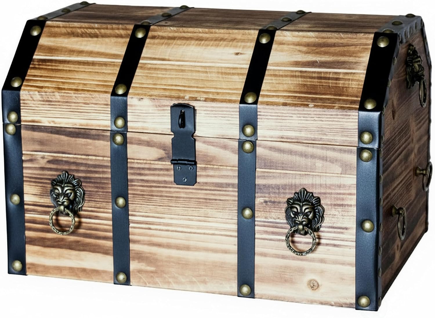 Vintiquewise Wooden Treasure Chest Trunk Vintage-Style Storage Box with Leather Straps Brass Rivets Lion Head Ornaments & Latch Closure Decorative Accent and Functional Organizer for Home Décor, Large