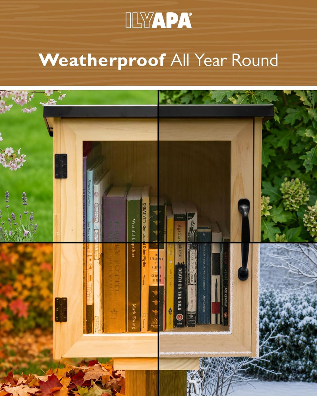 Ilyapa Outdoor Library Book Box - Free Literature Exchange Kit for Outside - Little Wood Cabinet for Sharing Books and Arts - Boox Exchange Box 13x11x16 Inch
