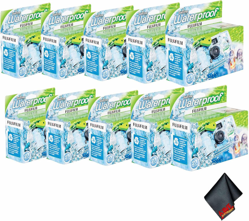 FUJIFILM QuickSnap 800 Waterproof 35mm One-Time-Use Disposable Camera (10x 27 Exposures) Bundle with Microfiber Cleaning Cloth