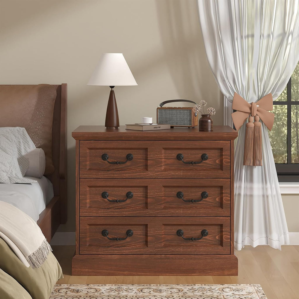 VVFLU Farmhouse Night Stand with Charging Station, 27.6' Wider Cherry Wood Nightstand with 3 Drawers Dividers Storage, Larger Bedside Table, Side Table End Table for Bedroom, Living Room, Sofa