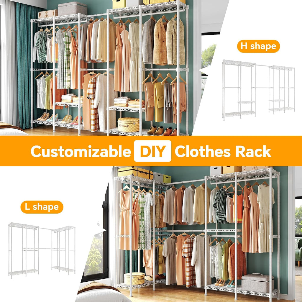 Higeego H5 Pro Heavy Duty Clothes Rack Wardrobe Closet for Hanging Clothes, Freestanding Garment Rack with Expandable Hanger Rods, Closet Organizer and Storage, (97.7-115.4')L x 15.7'W x 75.4'H, White