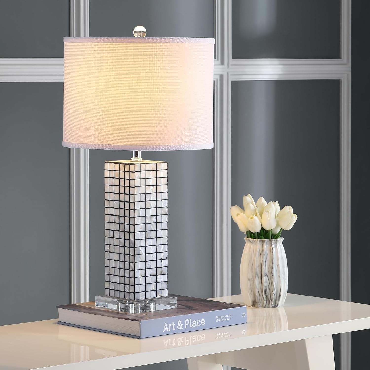 SAFAVIEH Lighting Collection Skagway Modern Art Deco Black/ Cream 26-inch Bedroom Living Room Home Office Desk Nightstand Table Lamp Set of 2 (LED Bulbs Included)