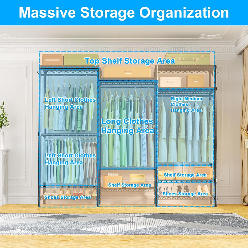 Ulif E13 Heavy Duty Clothes Rack（With 4 Hanger Rods & 8 Shelves） Freestanding Clothing Racks for Hanging Clothes，Adjustable Closet Organizer，Metal Garment Rack 63' W x16 D x77 H，Max Load 900LBS，Black