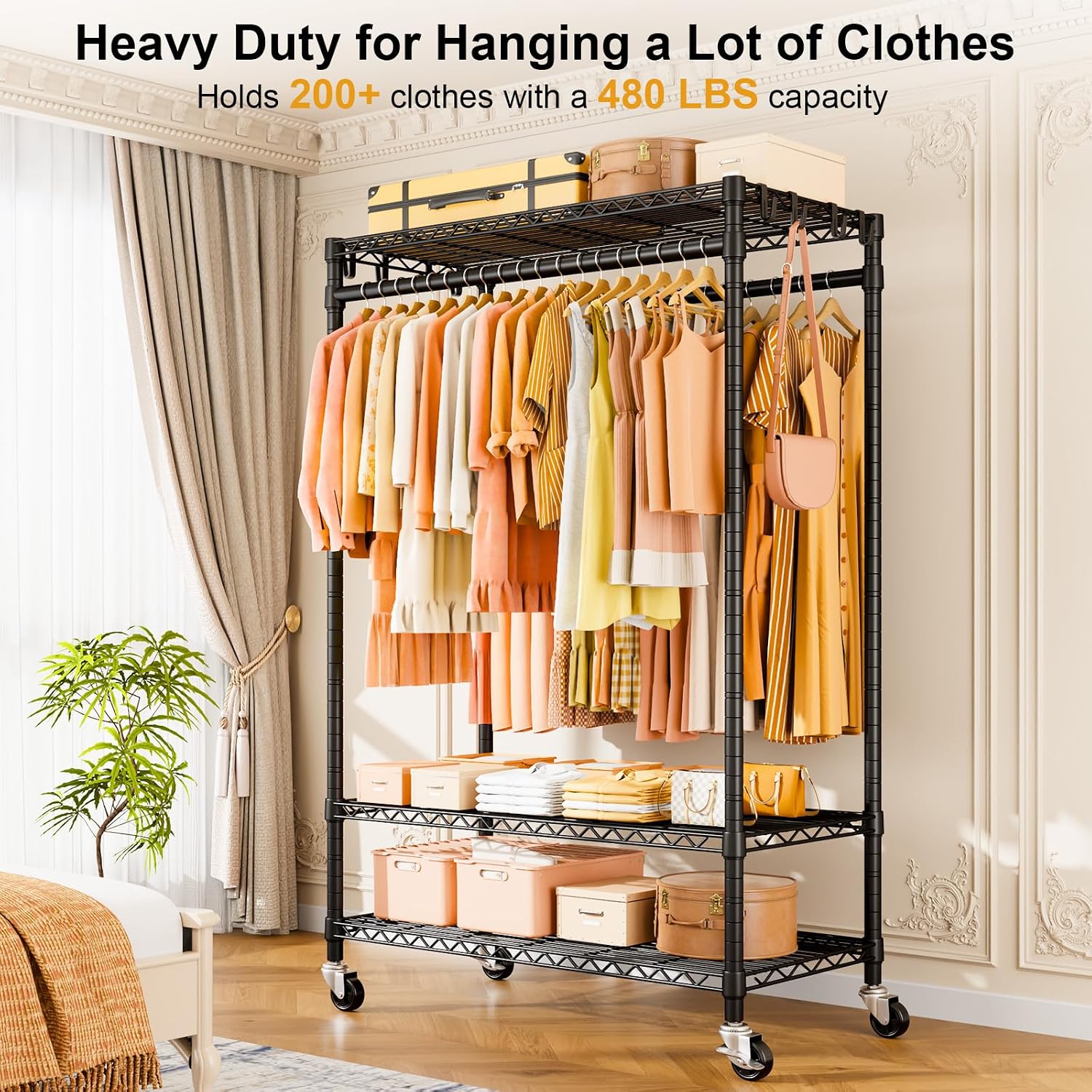 ULIFHOME P4 Plus & P7 Rolling Clothes Rack Heavy Duty, Clothing Racks for Hanging Clothes, Free Standing Garment Racks with Wheels, Portable Closet Rack 45''W × 20.5''D × 80.5''H, Black