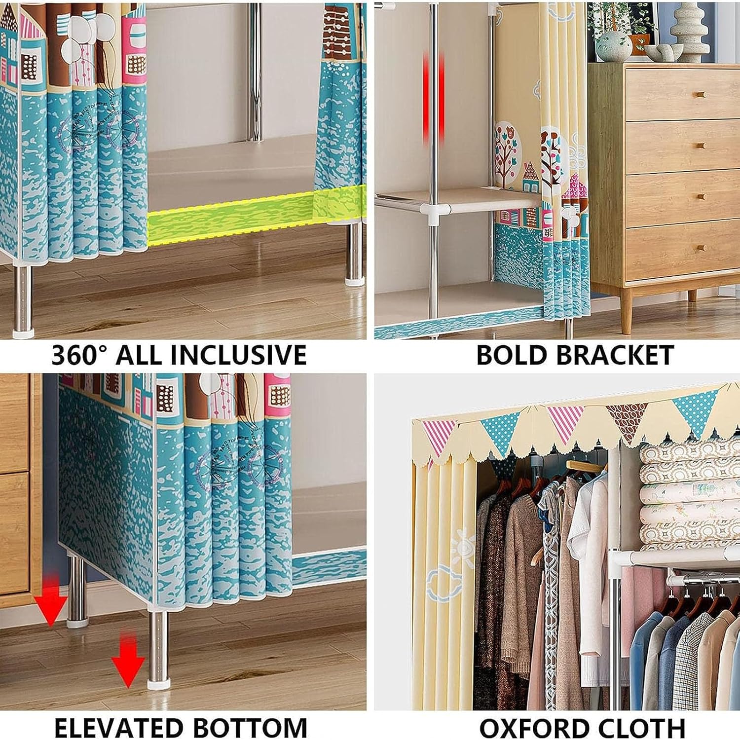 Portable Wardrobe Closet for Bedroom Metal Garment Rack for Hanging Clothes Organizer Storage with Cover (Color : D, Size : 163x45x172cm)