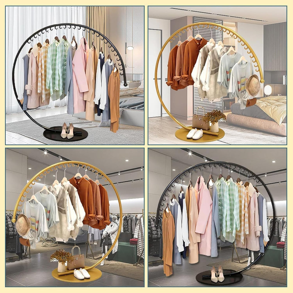 Round Garment Rack with Stable Base, Floor Standing Metal Clothes Rack, Commercial Portable Retail Display Clothing Racks, Creative Garment Rack for Hanging Clothes(Gold,160x150cm)
