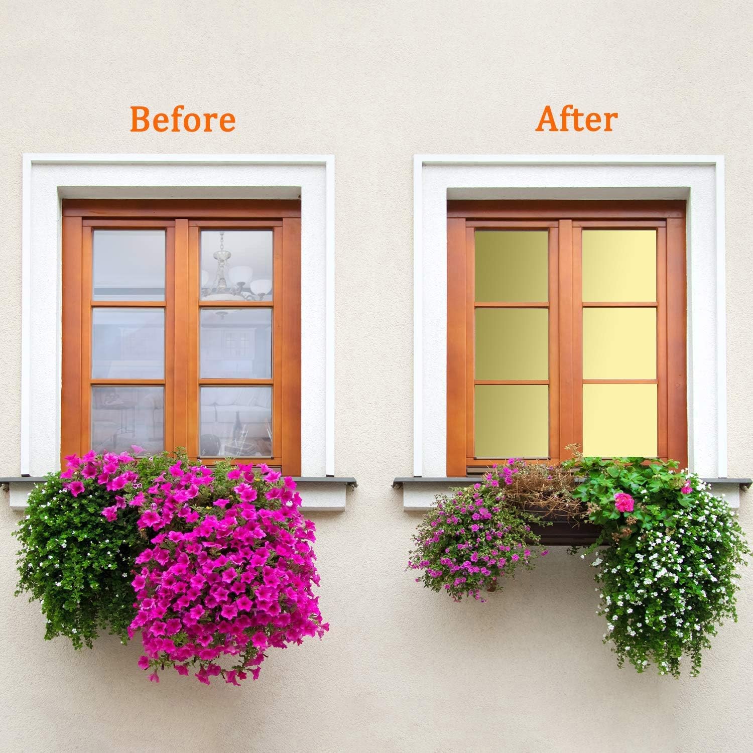 Reflective Privacy Window Film One Way Mirror Film Self-Adhesive Heat Control Window Tint Vinyl Sun Blocking for Glass See Out not in, 60Inch x 100Feet, Gold Silver