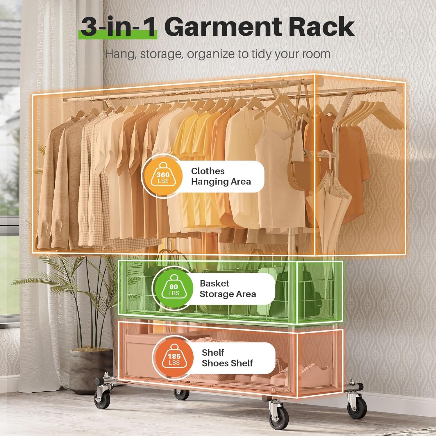 HOKEEPER Clothing Rack Heavy Duty Clothes Rack for Hanging Clothes Adjustable Clothes Rack with Metal Basket, Commercial Double Rod Garment Rack with Wheels for Bed Room Living Room Laundry