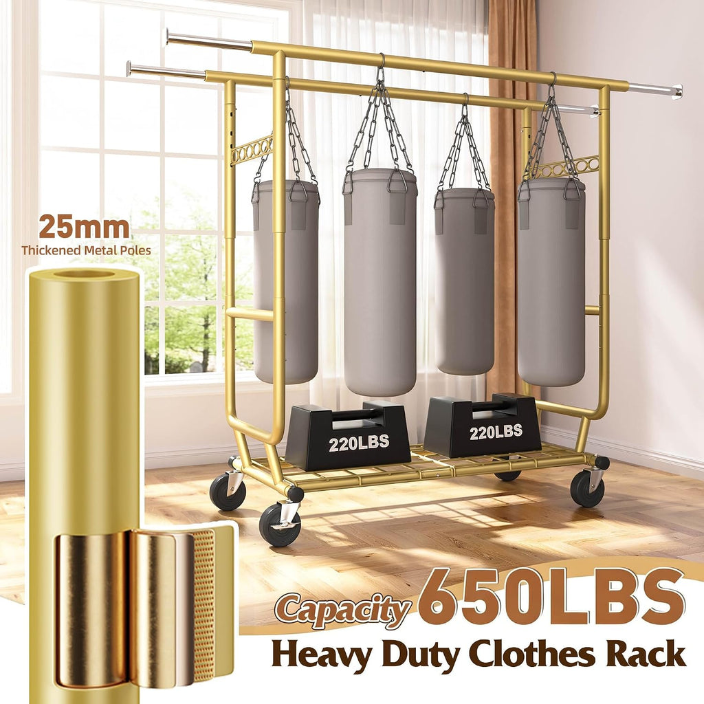 Raybee Clothes Rack Load 650LBS Heavy Duty Clothing Rack, Collapsible Clothes Racks for Hanging Clothes with Adjustable Height & Double Rods, Commercial Garment Rack with Wheels, Easy Assembly, Gold