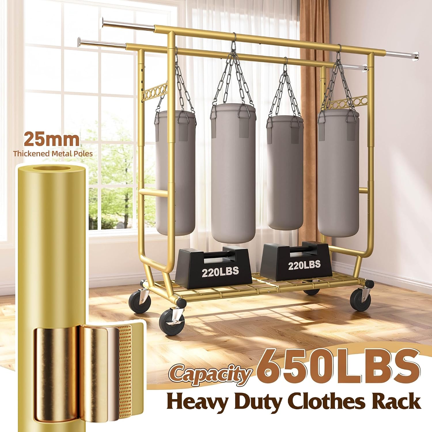 Raybee Clothes Rack Load 650LBS Heavy Duty Clothing Rack, Collapsible Clothes Racks for Hanging Clothes with Adjustable Height & Double Rods, Commercial Garment Rack with Wheels, Easy Assembly, Gold