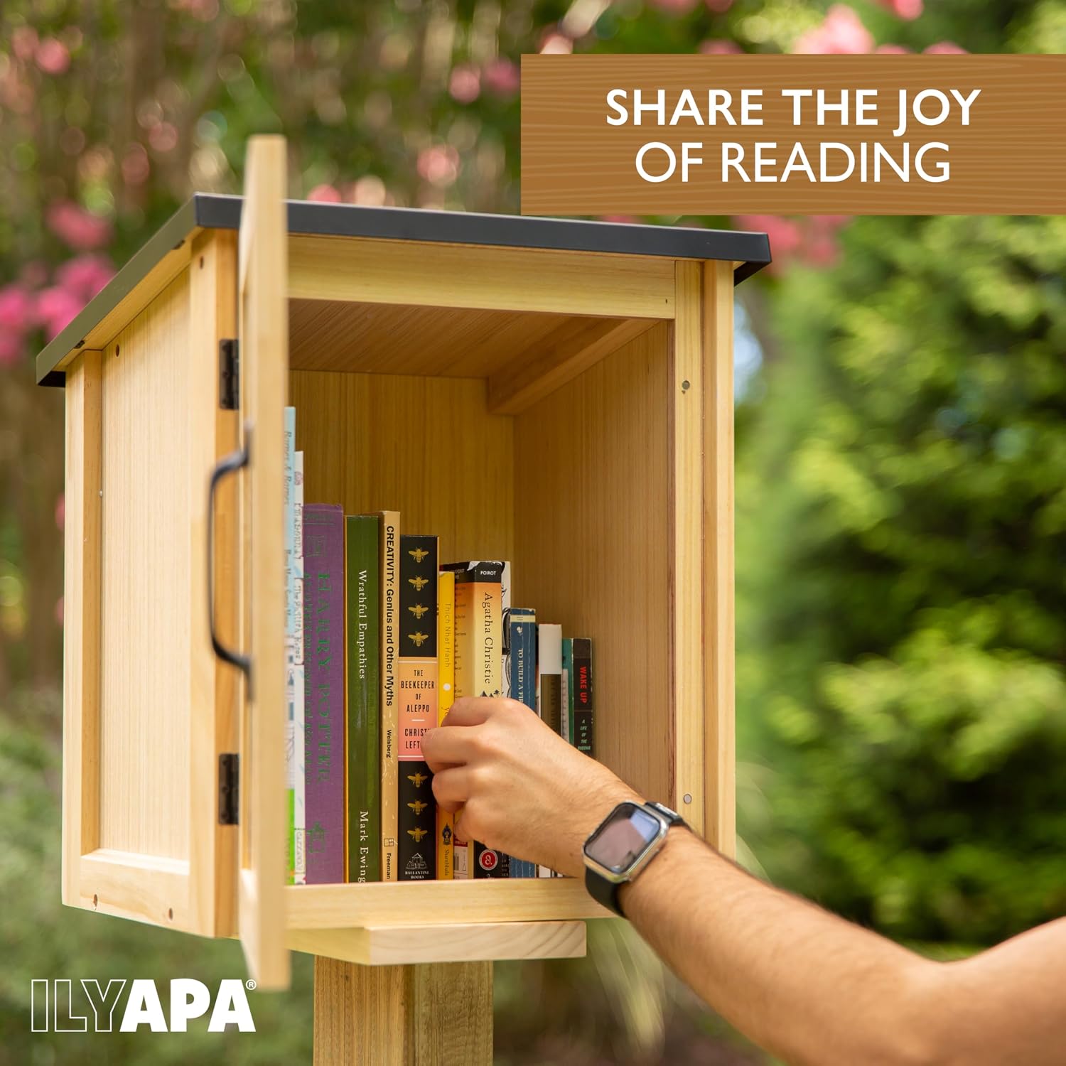 Ilyapa Outdoor Library Book Box - Free Literature Exchange Kit for Outside - Little Wood Cabinet for Sharing Books and Arts - Boox Exchange Box 13x11x16 Inch