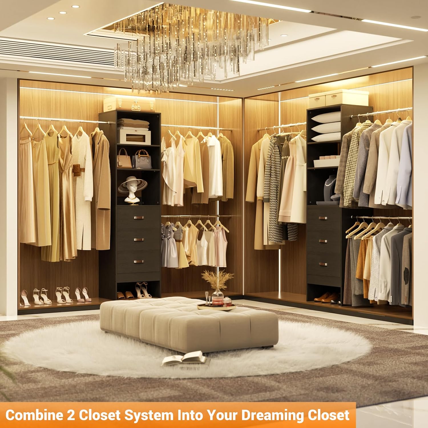 Homieasy 96 Inches Closet Organizer System, 8FT Customizable Walk In Closet Organizer with Hanging Rods, 3 Drawers Garment Rack with Leather Handle , 96' L x 16' W x 75' H, Max Load 1000 LBS, Black