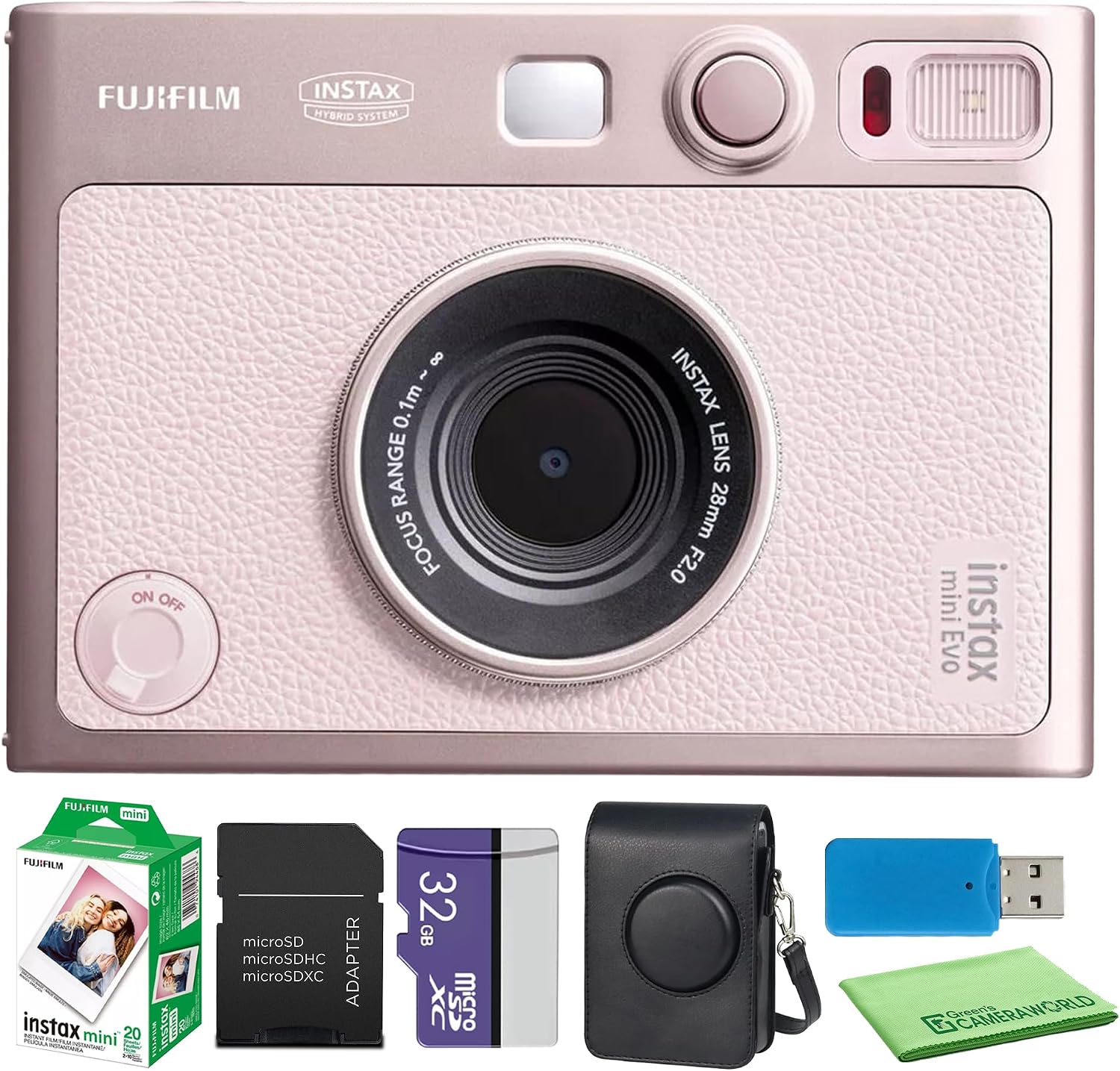 Fujifilm Instax Mini EVO Hybrid Instant Camera (Gentle Rose) + Fuji Instax-Mini Film 20 Exposures + 32GB Memory Card + Custom Mini-Evo Case and Accessory Bundle