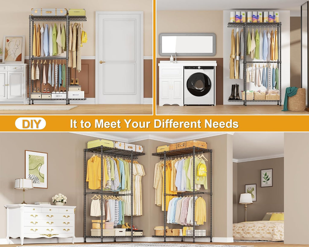 ULIFHOME E14 Pro Heavy Duty Clothes Rack，Freestanding Clothing Racks for Hanging Clothes，Adjustable Closet Organizers and Storage，Metal Garment Rack with Shelves 69'W x16'D x77'H，Max Load 960LBS，Grey